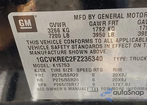 2015 Chevrolet Silverado 1500 1Lt from USA, damaged, VIN 1GCVKREC2FZ236340